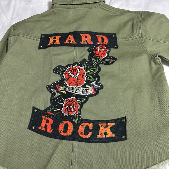 Hard Rock Ibiza Stones Denim Military Crop Jacket Graffiti Patches Womens Medium - Picture 5 of 14